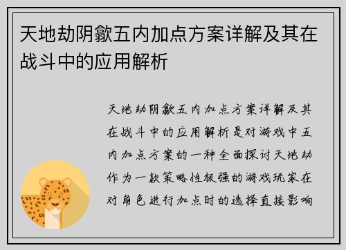 天地劫阴歙五内加点方案详解及其在战斗中的应用解析